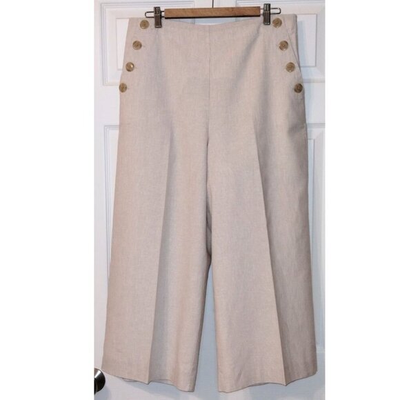 Ann Taylor "The Easy Crop" High Rise Tan/White Pinstripe Linen Blend Slacks - Picture 1 of 7